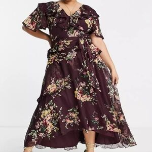 ASOS Curve Floral Chiffon Layered Midi Dress in berry